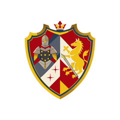 Medieval Heraldic Crest with Knight, Horse, and Crown