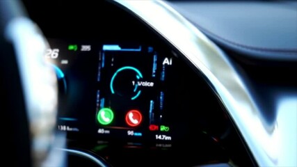Examining Vehicle Dashboard Display with Voice Command Feature Close-Up - Powered by Adobe
