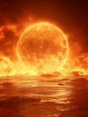 Fiery celestial body over a fiery sea