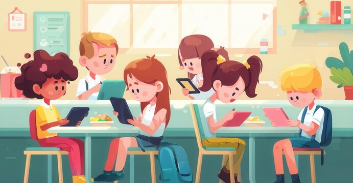 Cartoon-style depiction of diverse elementary students engrossed in using tablets at school, showcasing modern learning and digital engagement.