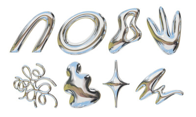 Metallic Pastel Abstract Shape Symbol. A creative set of 8 metallic pastel abstract elements featuring loops sparks blobs scribbles and zigzags in shiny chrome. Perfect for modern design overlays icon