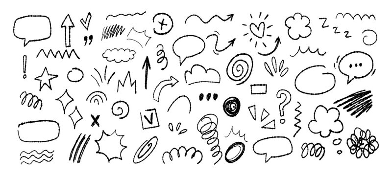 Sketch underline, emphasis, arrow shape set. Hand drawn abstract scribbles and squiggles, creative various shapes.Cartoon style manga doodle line expression scribble anime mark collection.