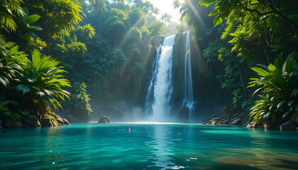 Serene Jungle Waterfall into Lagoon with Tropical Plants and Natural Sunlight
