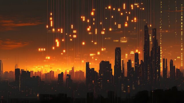 A city skyline with glowing financial data floating above buildings