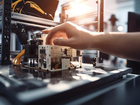 mechanical hand operating a 3D printer in a tech lab, high detail, creative technology, photo-real style
