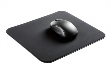 Black computer mouse on pad isolated on a white background