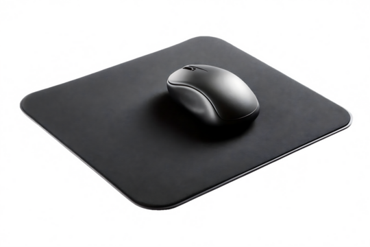Black computer mouse on pad isolated on a white background