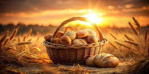 Rustic Basket of Freshly Baked Bread Rolls Surrounded by Grains in a Natural Setting Evoking Warmth and Comfort