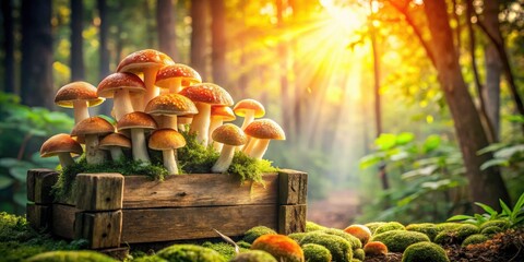 Rustic Wooden Display with Vibrant White and Orange Cap Mushrooms in Lush Forest Landscape