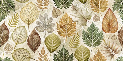 Seamless Hand-Stamped Leaf Patterns in Muted Natural Tones for Textiles and Backgrounds