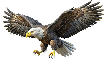 Obraz premium Majestic bald eagle in flight displaying stunning feathers and powerful wingspan with white background