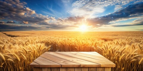Serene Wooden Podium in Golden Wheat Field - Aerial Drone Photography of Rustic Nature Scene