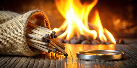 Silhouette of Metallic Ring and Burlap Bag with Burning Matches - Artistic Reflection and Texture