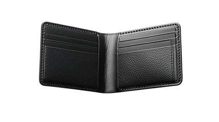 Open sleek black leather wallet, evoking personal finance and business wealth, isolated on transparent background. PNG