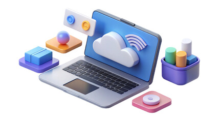 Modern laptop displaying cloud computing concepts with data synchronization and storage