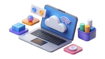 Modern laptop displaying cloud computing concepts with data synchronization and storage