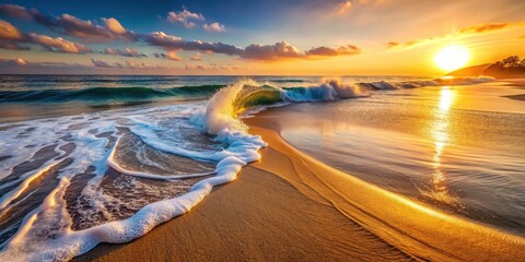 Stunning Drone Photography of Closeup Foamy Wave Breaking on Sandy Beach at Sunrise â€“ Nature's Beauty Captured in Vibrant Colors