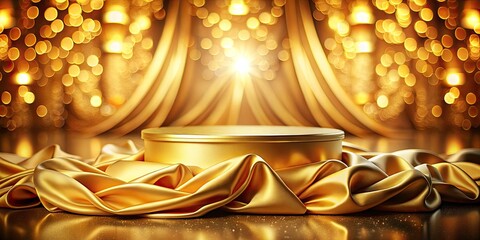 Stunning Golden Silk Podium with Tilt-Shift Photography Effect for Elegant Events and Presentations, Capturing Luxurious Textures and Vibrant Colors, Ideal for Fashion and Award Ceremonies