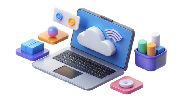 Modern laptop displaying cloud computing concepts with data synchronization and storage