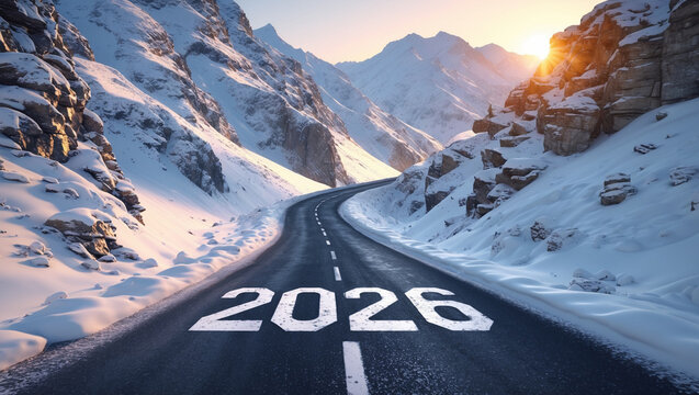 2026 Painted on Snowy Mountain Road at Sunrise – New Year’s Adventure in 4K Photorealistic