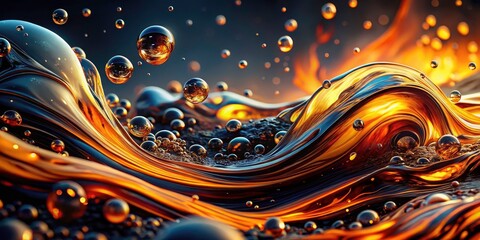 Surreal Oil Water Mix: Colorful Swirls, Bubbles, and Waves in Orange, Black, and Gold
