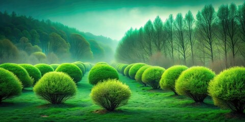Surreal Scene of Leafless Green Bushes in Dreamlike Landscape â€“ Nature Photography, Abstract Art, Minimalism, Surrealism, Greenery, Landscape