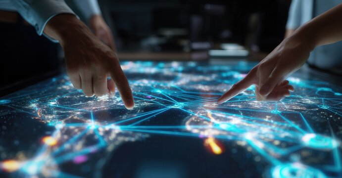 Collaborative analysis of global network connections, highlighting strategic planning and futuristic communication technology solutions.