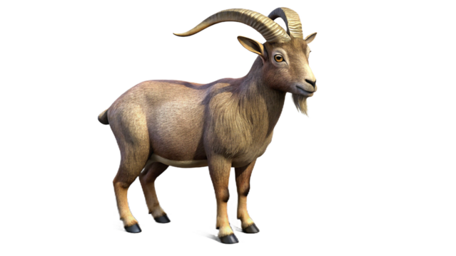 Realistic 3d render of a standing ibex with detailed fur and impressive horns