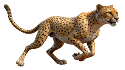 Realistic depiction of a running cheetah with detailed fur and spots on a white background.
