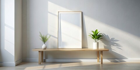 Vertical Blank Poster Frame Mockup in Minimalist White Room with Window Light and Shadow for Modern Interior Design Presentations