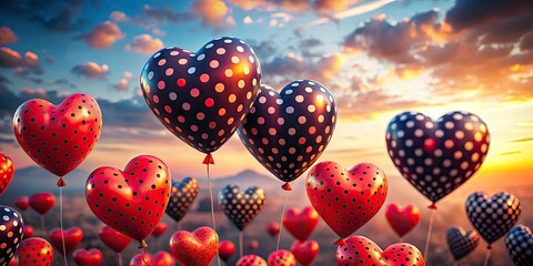 Vibrant Heart-Shaped Balloons with Red and Black Polka Dots for Celebrations - Festive Decorations for Parties, Weddings, and Events