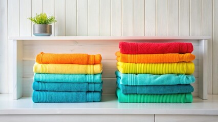 Vibrantly Colored Towels Stacked on White Bathroom Shelf for Bright and Fresh Home Decor Inspiration