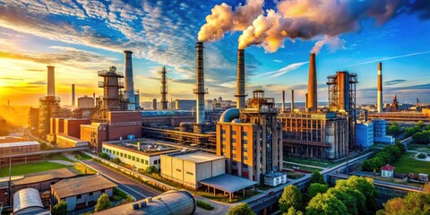 Vibrant Industrial Landscape with Modern Factories, Smokestacks, and Clear Blue Sky Representing Manufacturing and Production in Urban Exploration Photography