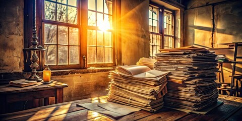 Vintage Candid Photography of a Sunlit Room with a Stack of Old Papers, Nostalgic Paperwork, and Timeless Document Aesthetics