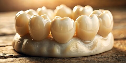 Vintage Style Close-up of Porcelain Dental Crowns with Soft Lighting, Textured Background, and Elegant Aesthetic for Dental Health and Aesthetic Dentistry Photography