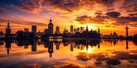 Vintage Cityscape Silhouette at Twilight with Urban Architecture and Water Reflection of Sunset
