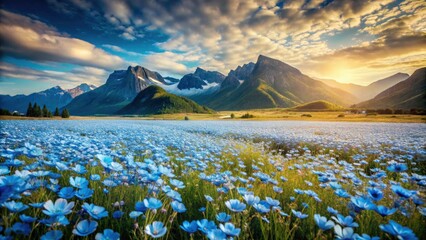 Vintage Style Field of Blue Flowers with Majestic Mountains in Background - Scenic Nature Photography, Floral Landscape, Tranquil Outdoors, Breathtaking Views, Serene Atmosphere