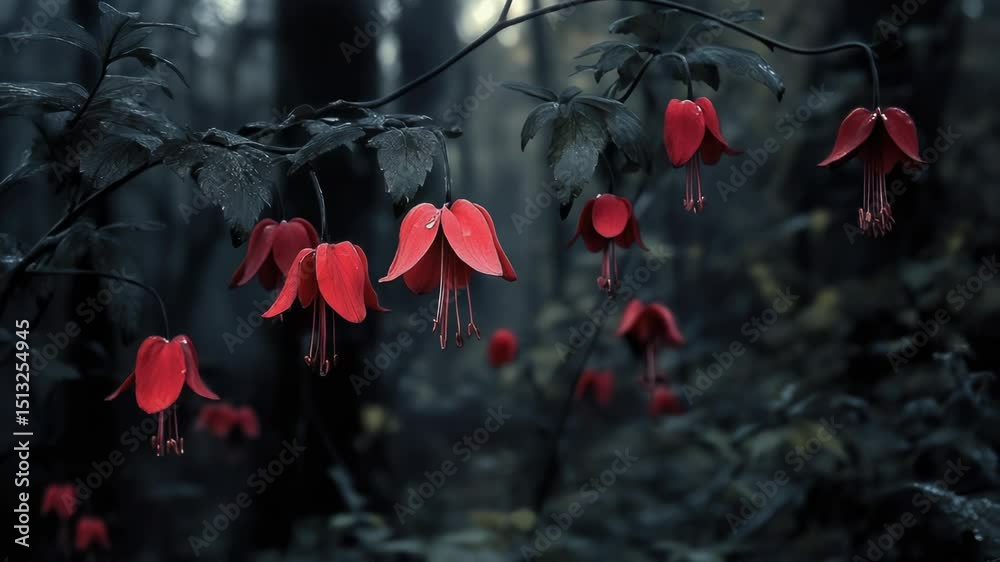 Poster A cluster of bright red flowers dangling from the branches of a tree, creating a vibrant display of color