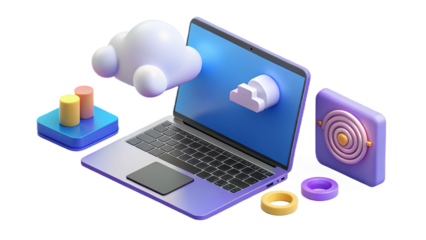 3d laptop and cloud computing concept with data analysis icons and illustration