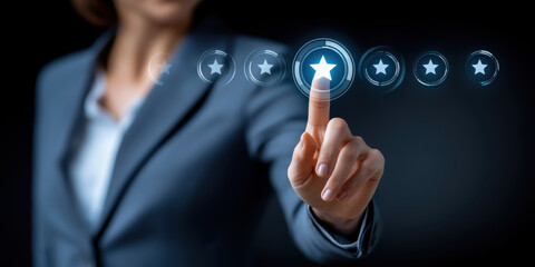 Obraz premium Businesswoman in suit selects glowing star rating on virtual screen showing e commerce quality and customer satisfaction
