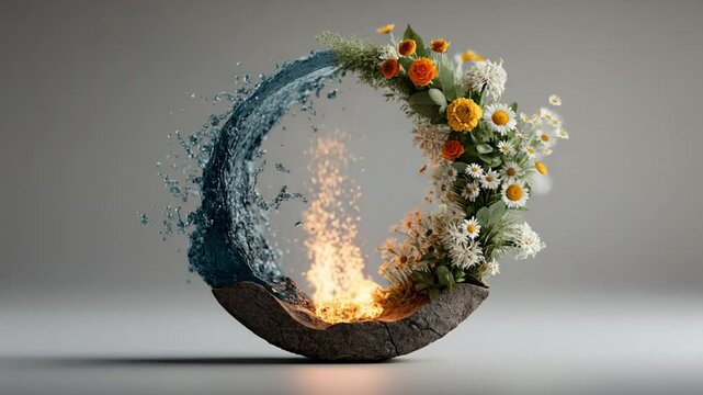 Symbolic representation of four elements: water, fire, earth, air with flowers and light