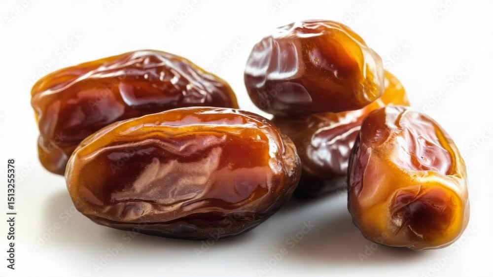 Poster a collection of dates arranged on a clean white background, perfect for promoting healthy snacking o