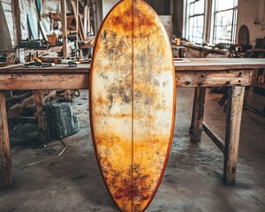 Vintage surfboard in workshop