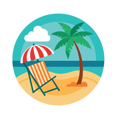 Summer day beach vector t-shirt design with sun, palm tree, beach chair and beach umbrella 