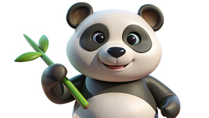 Obraz premium Adorable cartoon panda holding bamboo stalk smiling with happy expression on white background