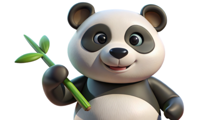Adorable cartoon panda holding bamboo stalk smiling with happy expression on white background