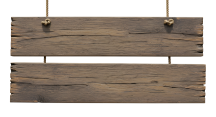 rustic wooden hanging sign with rope - blank signboard isolated on transparent background