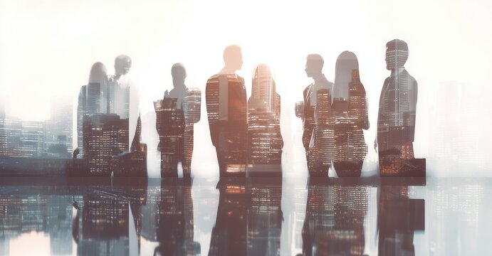 Silhouetted figures against a city skyline blend professionalism with urban advancement, showcasing ambition and corporate power.