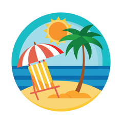 Obraz premium Summer day beach vector t-shirt design with sun, palm tree, beach chair and beach umbrella 