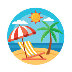 Summer day beach vector t-shirt design with sun, palm tree, beach chair and beach umbrella 